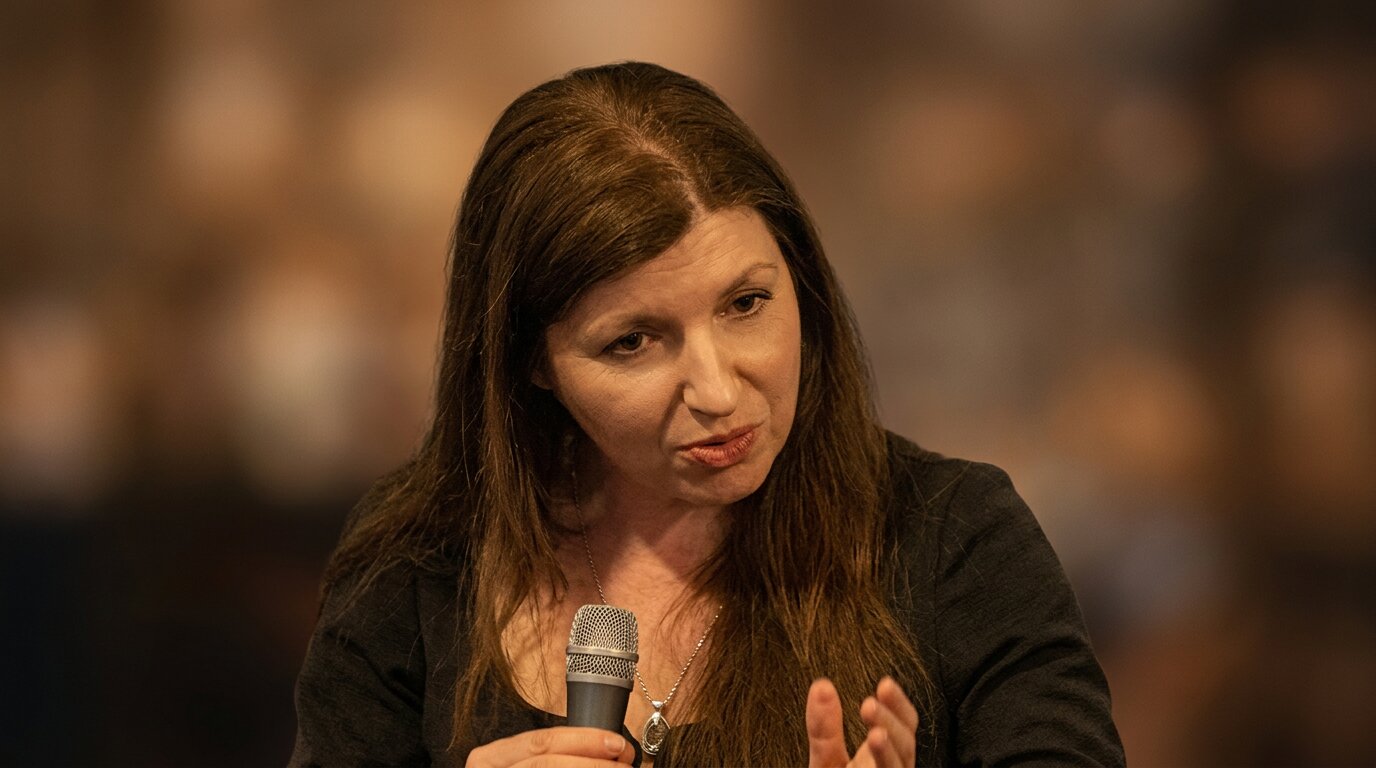 Moya O'Dwyer speaking into a microphone during an event